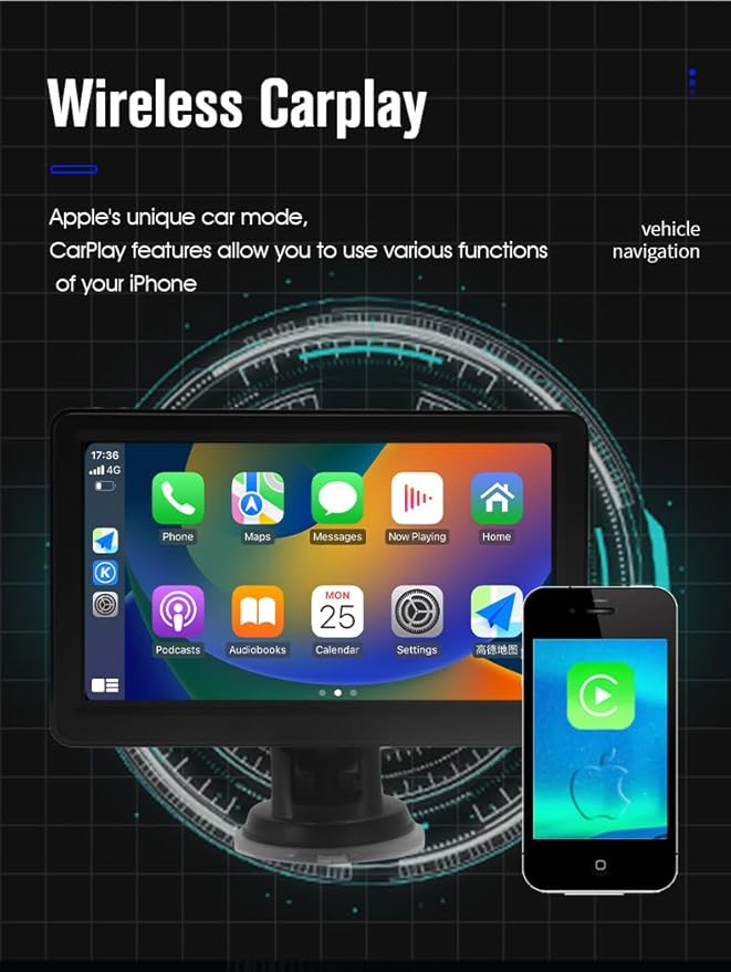 7" HD Screen Wireless carplay via Bluetooth Support iPhone carplay and Android Auto, with Mirror Link/Voice Control/FM/TF Card/USB/AUX