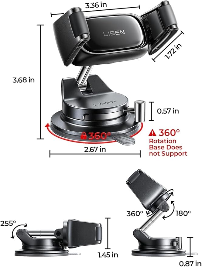 LISEN Suction Phone Mount for Car, [95% Cases Friendly] Car Phone Holder Mount Dashboard Phone Holder, Easy One Touch Suction Cup Cell Phone Car Mount
