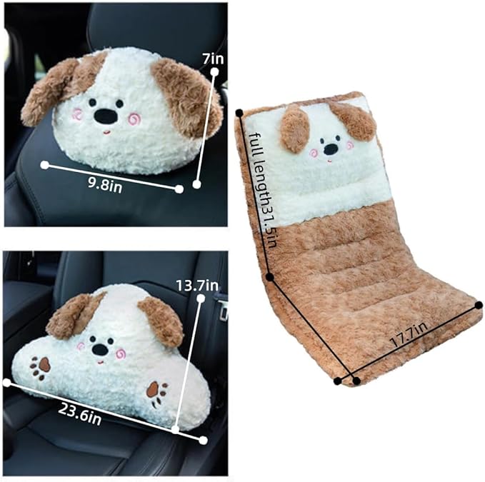Plush Car Seat Cushion Set with Lumbar Support & Neck Pillow Cute Dog and Bear Shape Pillow for Driving Travelling Home Décor