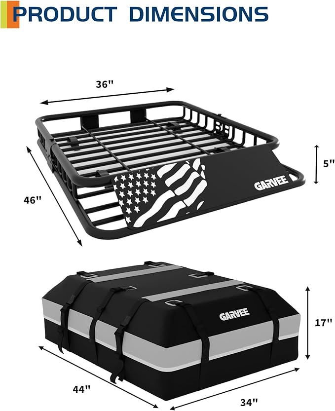 Garvee 46" x 36" Universal Roof Rack Basket, 200 Lbs Capacity Rooftop Cargo Carrier Basket with 15 Cubic Feet (44" x 34") Waterproof Luggage Bag, for Suvs, Trucks, Vehicles