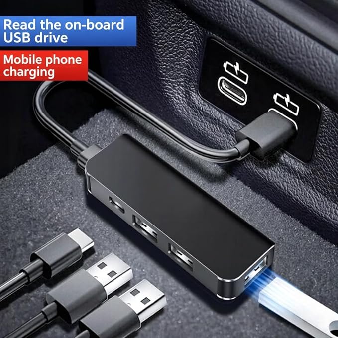 Car Accessories 4-in-1 Car USB Hub Equipped with a Data Interface and Multiple Type-C/USB-A Fast Charging interfaces，USB Hub for iPhone,iPad,Samsung Galaxy,USB Flash Drive，Android（Black）