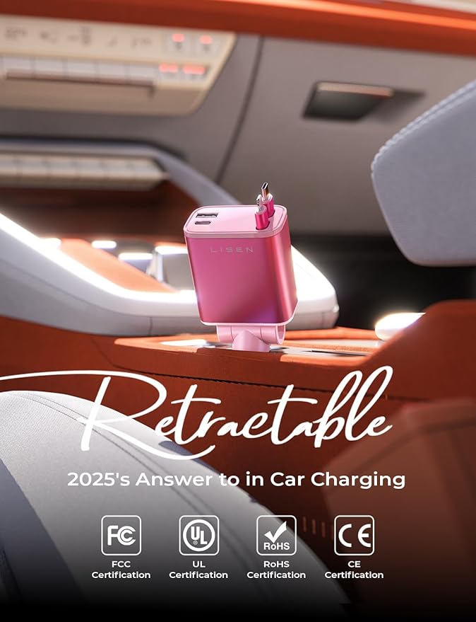 LISEN Retractable Car Charger, 84W Fast Charging Car Phone Charger, Car Charger USB C Truck Accessories, Road Trip Essentials Pink Car Acessories for Men Women for iPhone 17 16 15 14 13 12 Samsung S26