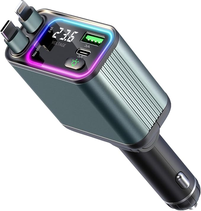4 in 1 Retractable Car Charger with RGB Light, 92W Fast Charging USB C Car Adapter, Compact Car Phone Charger for iPhone/Galaxy/Pixel, Car Accessories for Women Men (Lightning + Type C Cable)