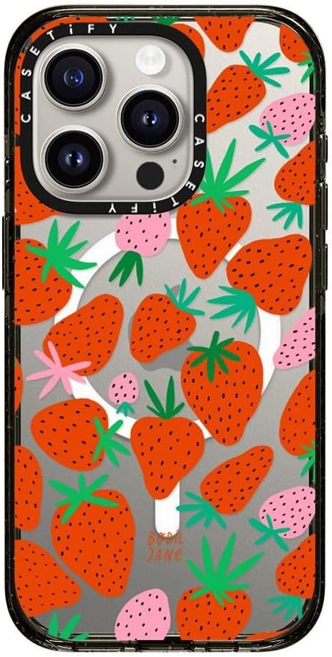 CASETiFY Impact Case for iPhone 15 Pro [4X Military Grade Drop Tested / 8.2ft Drop Protection/Compatible with Magsafe] - Strawberries - Clear Black
