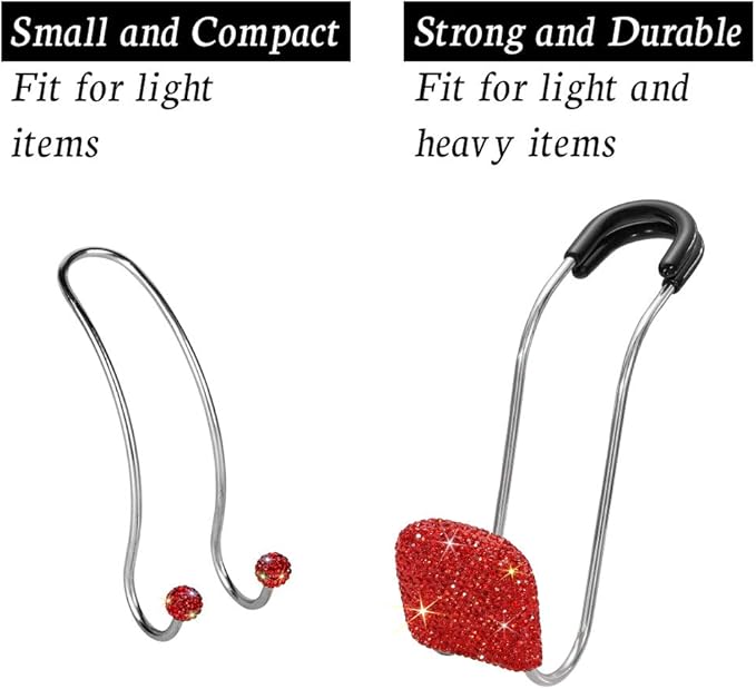 SAVORI Car Headrest Hooks Bling Car Accessories Rhinestones Universal Auto Back Seat Headrest Metal Hanger Organizer Vehicle Holder for Bag Purse Clothes Grocery 2PCS (Red)
