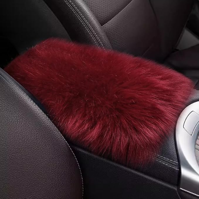 Auto Center Console Cover Pad, 11.81"x 7.87" Warm & Furry Winter Car Armrest Cover, Soft Faux Sheepskin Wool Car Armrest Seat Box Protector Cushion, Universal Interior Accessory (Burgundy)