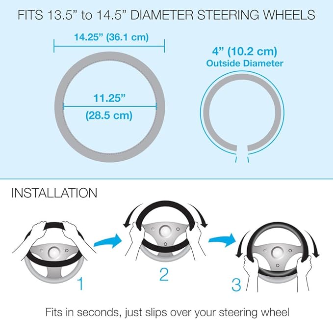 Motor Trend GripDrive Faux Black Leather Steering Wheel Cover for Car Truck Van SUV, Small 14 inch Size, Gray Accent Stitched Car Steering Wheel Cover Vehicle & Auto Accessories (Pack of 2)