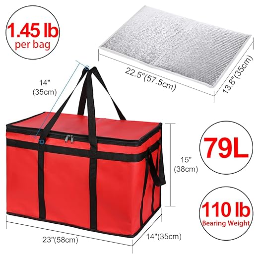 CIVJET Insulated Food Delivery Bag with Hard Bottom, XXX-Large Insulated Reusable Grocery Cooler/Hot Bags, Tote Bag for Shopping/Travel, Red, 1-Pack