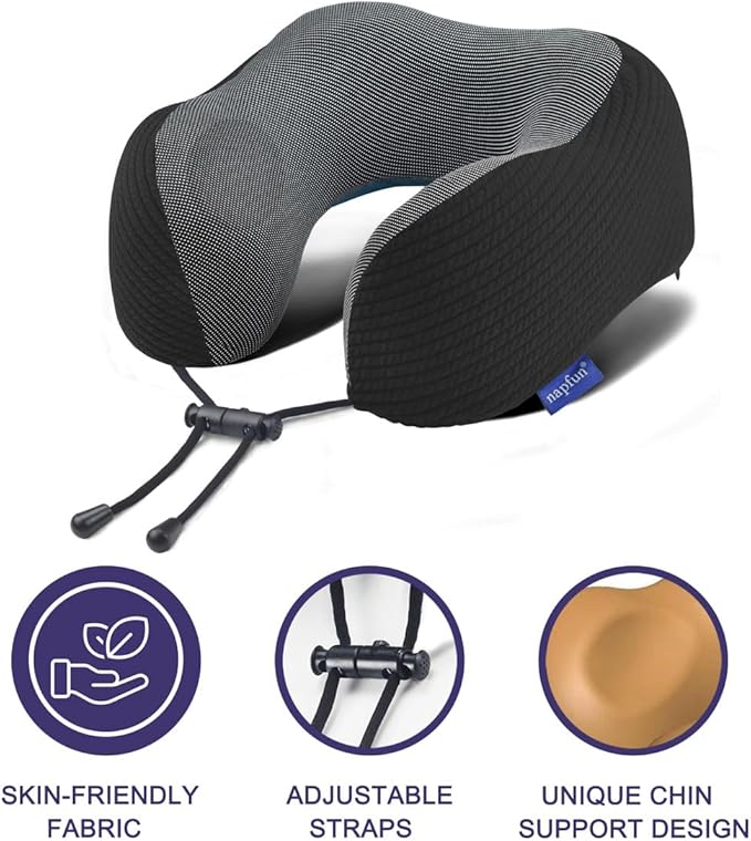 napfun Neck Pillow for Traveling, Upgraded Travel Neck Pillow for Airplane 100% Pure Memory Foam Travel Pillow for Flight Headrest Sleep, Portable Plane Accessories, Black Striped Kit