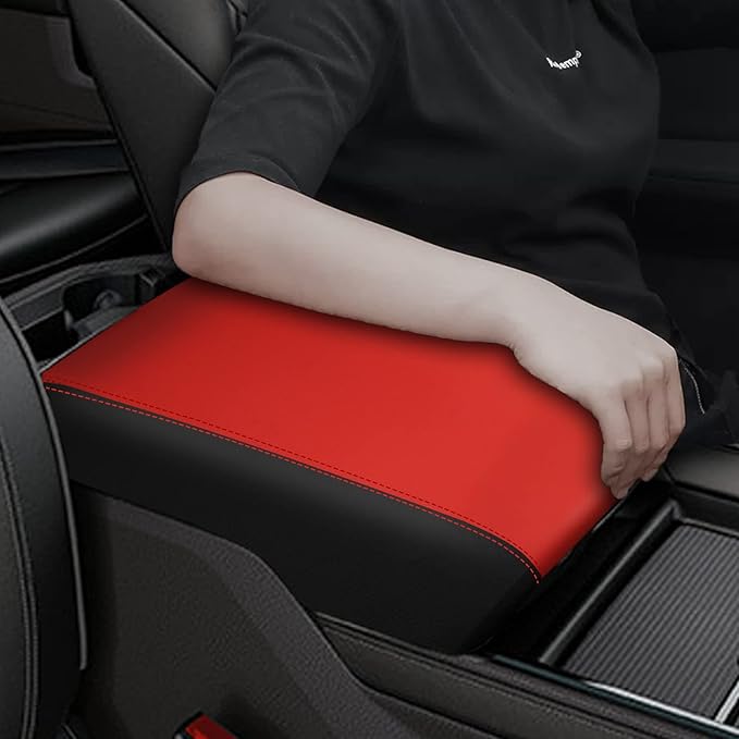 Center Console Cover Anti-Scratch Waterproof Leather Armrest Pad Protector Cushion for Dodge RAM 1500 2500 3500 2019 2020 2021 2022 2023 Interior Accessories(Red with Black)