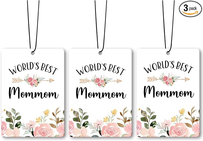 Mommom Grandma Gifts Car Air Freshener Accessories 3pcs,World's Best Gifts for Granmda Christmas, Pink Flower Rustic Hanging Scent Lavender Fragrance Card for Women Closet Bathroom Home Decor