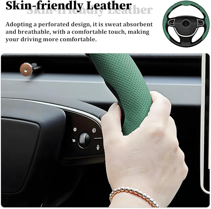 3PCS Car Steering Wheel Cover, Nappa Leather Breathable Non-Slip Segmented Steering Wheel Protector, Snap-on Auto Interior Decoration Accessories, Universal Fit (Green)