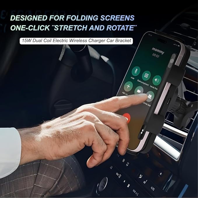 Smart 2-in-1 Auto-Rotating Phone Holder and Wireless Car Charger, Foldable Car Phone Mount for iPhone and Samsung, Cell Phone Automobile Charger with Car Vent Mount