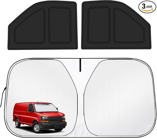 for Chevy Express 1996-2026 Front Windshield & Side Window Covers, Foldable 3-Piece Window Shades Set, Custom Fit Sunshade Visor for UV Rays & Heat Block, Cargo Van Accessories