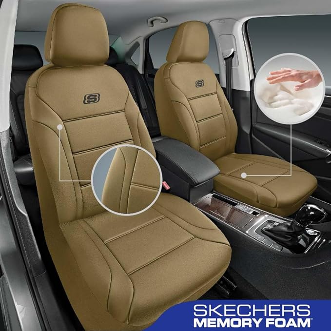 Skechers Memory Foam Car Seat Covers, Lycra Fabric Seat Covers, Seat Cover Full Set Airbag Compatible, Automotive Comfort Protection for Most Cars,Trucks, SUVs, All Brown