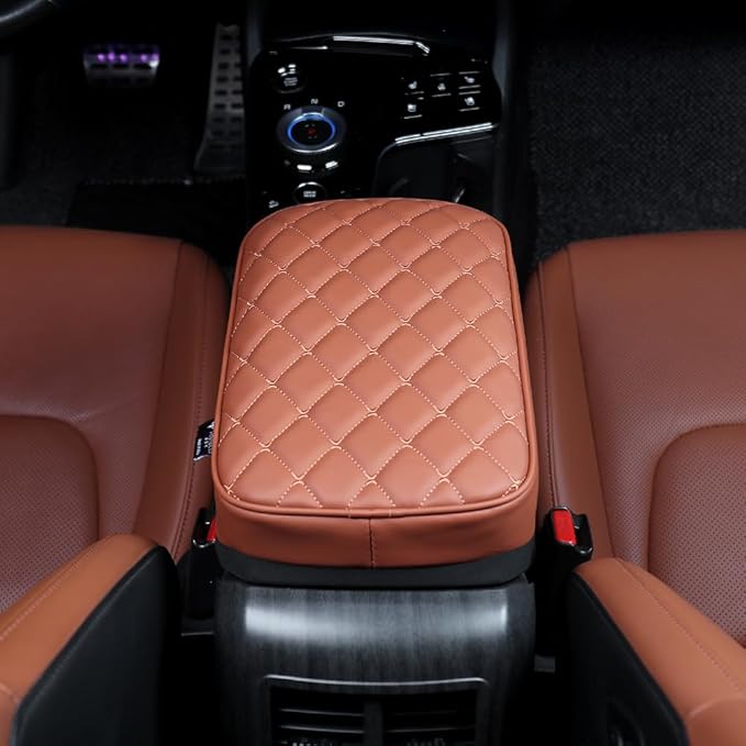 Car Armrest Cushion Cover Compatible with Kia Sportage 2023 2024 2025 Accessories, Leather Center Console Armrest Pad(Brown)