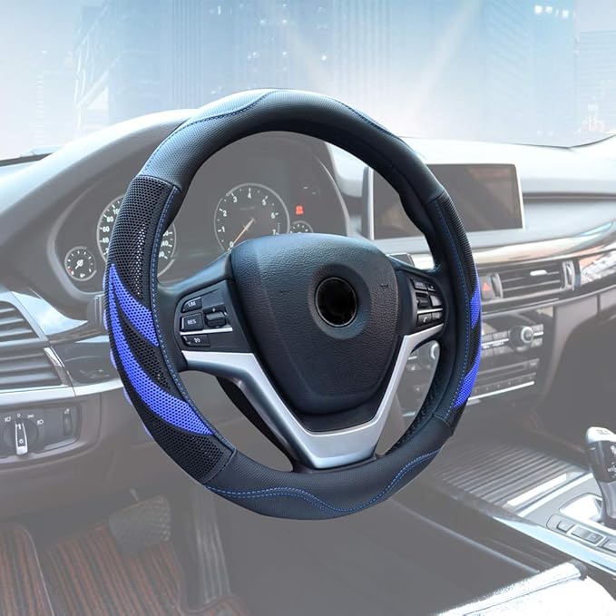 Alusbell Microfiber Leather Steering Wheel Cover Breathable Auto Car Steering Wheel Cover for Men and Women Universal 15 Inches (Blue)