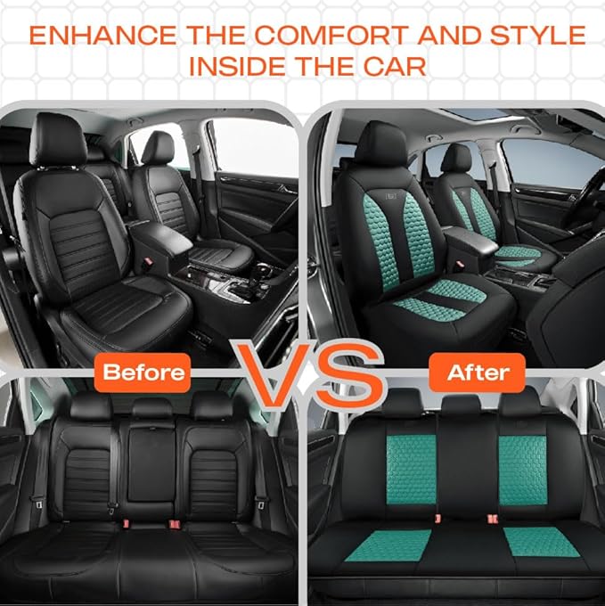 Skechers Memory Foam™ Car Seat Cover Full Sets, Hexcomb Breathable Thick Seat Covers, Airbag Compatible, Automotive Comfort & Protection for Most Cars,Van,Trucks, SUVs (Green,Full Set)