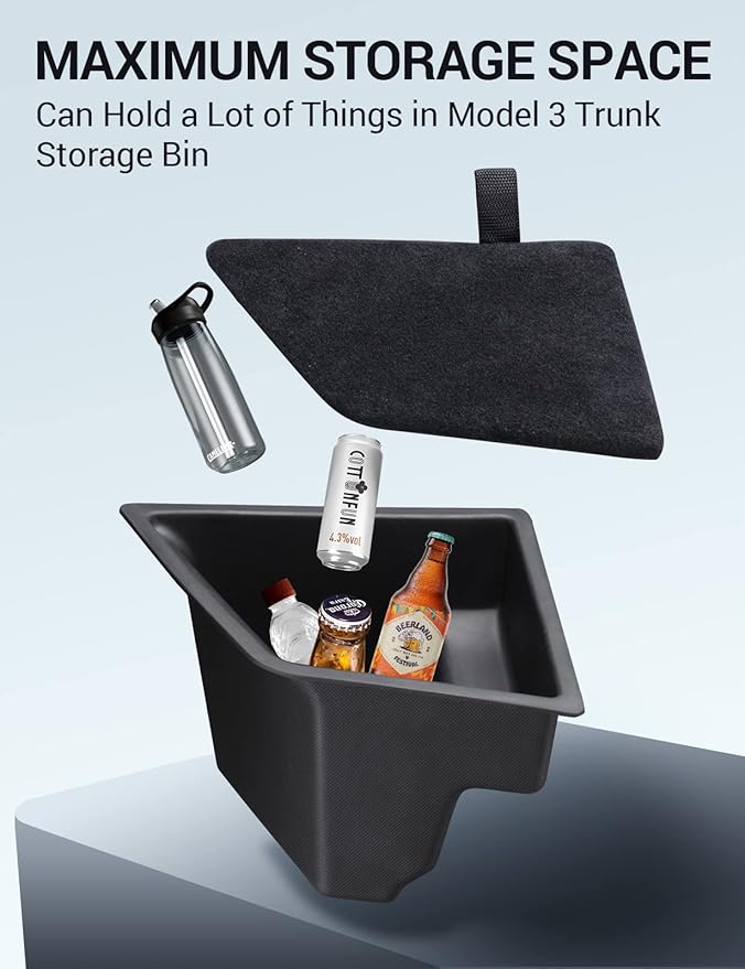 BASENOR 2023 2022 2021 Tesla Model 3 Trunk Storage Bin, Trunk Organizer with Carpeted Lid, Waterproof Rear Trunk Side Storage Box for Model 3 Interior Accessories (Not Fit 2024 2025 Model 3)