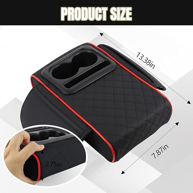 Hovom Car Center Console Cover, 13.39"×7.87"×2.76" Leather Armrest Cover for Cars, Memory Foam Armrest Pillow with Pocket, Cup Holder & Phone Slot, Universal Vehicle Arm Rest Cushion Pad (Black+Red)
