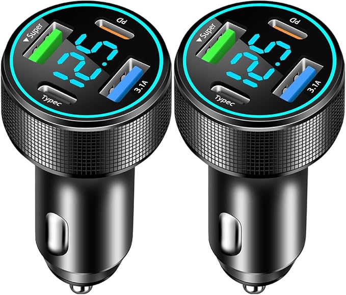 2 Packs of 66W USB C Car Charger 4 Port Car Charger Adapter with 30W PD, 3.1A Aluminium Alloy Car Cigarette Lighter USB Charger with LED Voltmeter Compatible with Phone 15 14 13