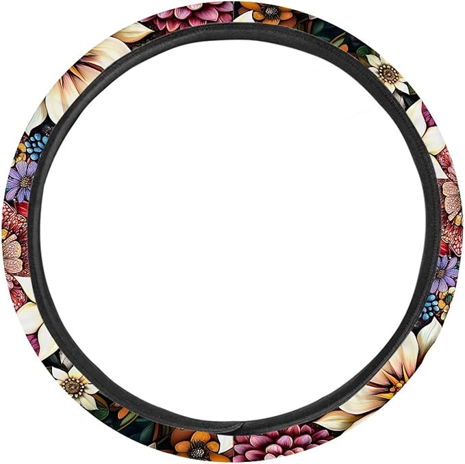 AFPANQZ Boho Flower Pattern Auto Steering Wheel Covers Sweat Absorption Comfort Grip Anti-Slip Safety Stretch-on 14-15 inch Easy Fix Machine Washable Steering Wheel Protection