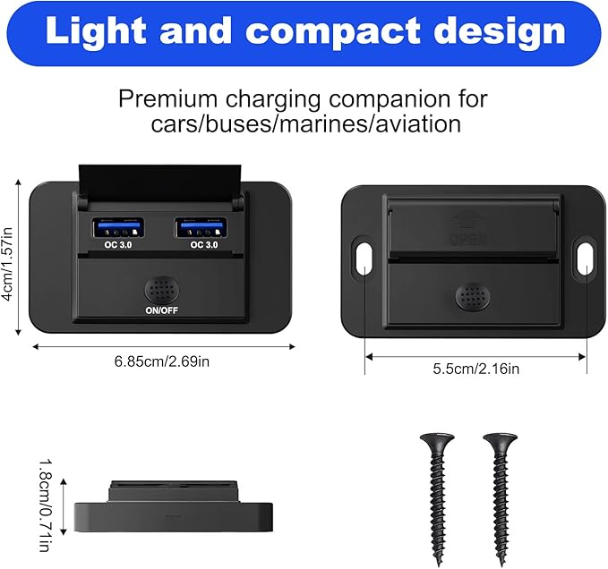 12V Flush Mount USB Charger with Power Switch, Multi-Port Car Charger for RV, Boat, Car, Bus, ATV, Motorcycle - Panel Mount Charging Accessories (QC+QC)