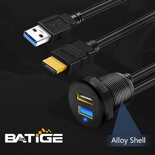 BATIGE USB 3.0 & HDMI to HDMI + USB 3.0 Car Mount Flush Cable, Alloy Shell Dash Panel Extension Cable with LED Indicator for Car Boat Motorcycle 1ft