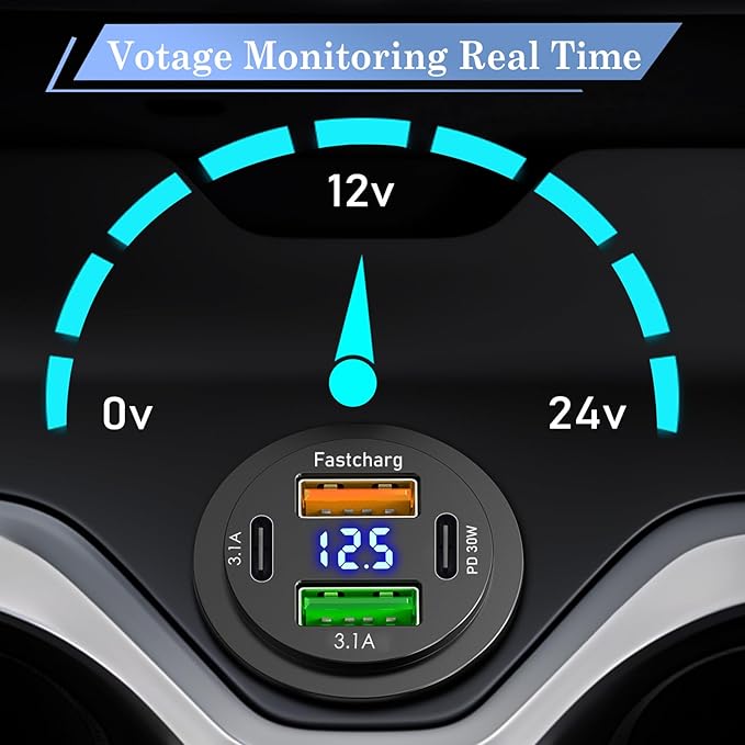 2 Pack 12V USB Outlet 4 Ports Dual USB C PD and Dual Quick Charge 3.0 Car USB Port 12 Volt Car Charger Socket with Voltmeter for Car Boat Marine RV Truck Motorcycle