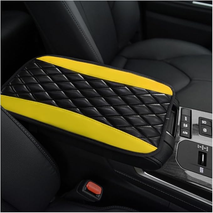 Car Center Console Cushion Pad, 12.6 × 7.48 Inches Waterproof Car Armrest Seat Box Cover, PU Leather Armrest Cover Protector for Most Vehicle, Universal Car Interior Accessories (Black+Yellow)
