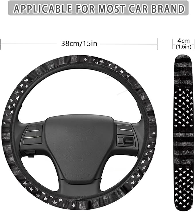 SEANATIVE Black American Flag Print Universal Auto Steering Wheel Protector Car Steering Wheel Cover Anti-Slip 15" Vehicle Accessory All Weather Protection
