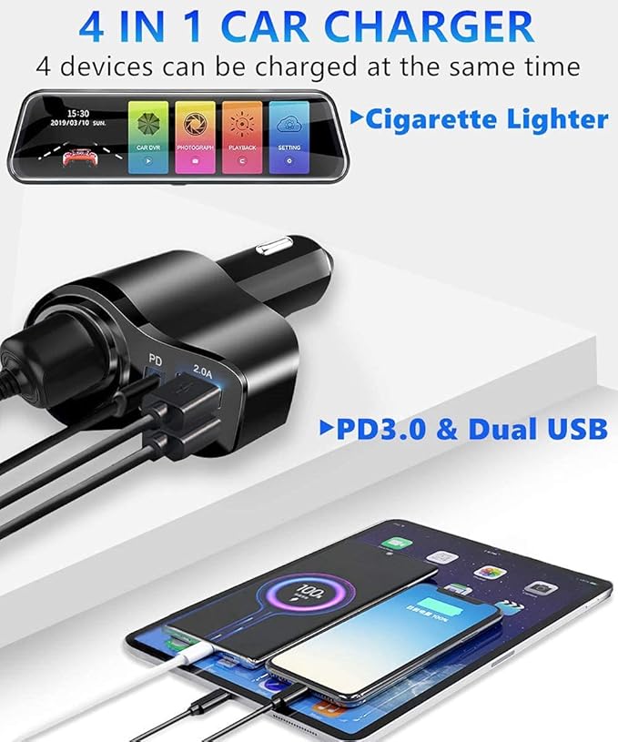 4 in 1 USB C Car Charger, 168W Multi USB Cigarette Lighter Adapter, Socket Splitter with 3 USB Ports, 12V/24V Dual USB Type C PD Fast Car Charger Adapter for iPhone 17/Air/16/15 Pro Max iPad GPS