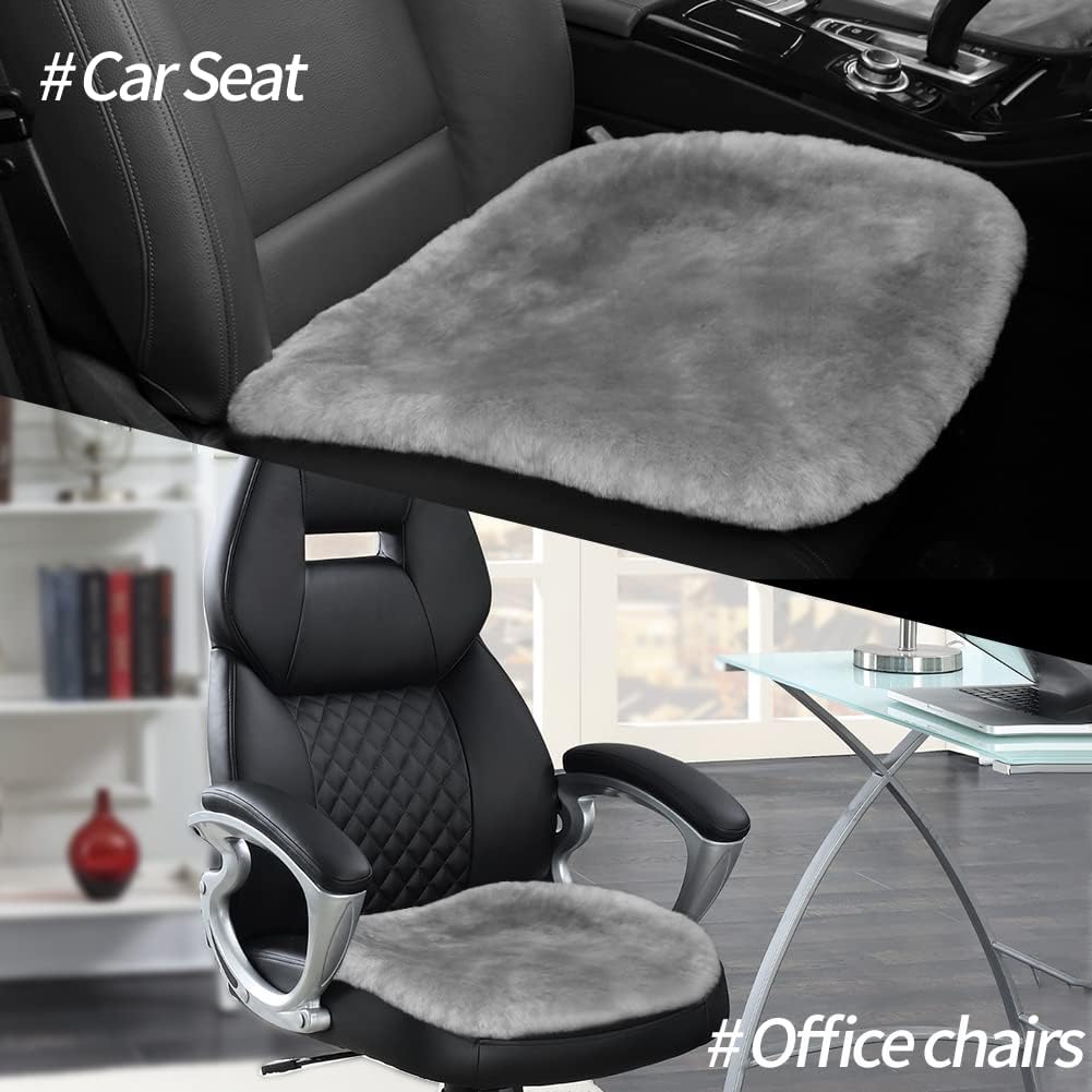 LLB Genuine Sheepskin Car Seat Cushion Seat Covers for Cars Trucks SUV Comfort Seat Protector Pad for Car Driver Seat Car Accessories for Women Office Chair Car Decor (Grey, Front Seat Cushions-2 Pcs)
