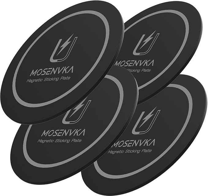 MOSENVKA Universal Magnetic Phone Mount Plate,Strong Adhesive Plate for Magnetic Car Mount, Phone Sticker for iPhone 16e and All Smartphones and Cases-Slim,Lightweight,and Reusable (Black-4 Pack)