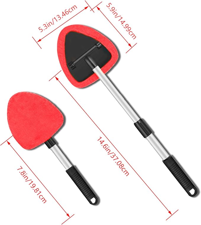 Windshield Cleaner Tool - Portable Car Interior Window Cleaning Kit with Extendable Handle, 4 Microfiber Towel Pads, Auto Glass Wiper for Windshield, Universal for RV, SUV, Truck (Red)