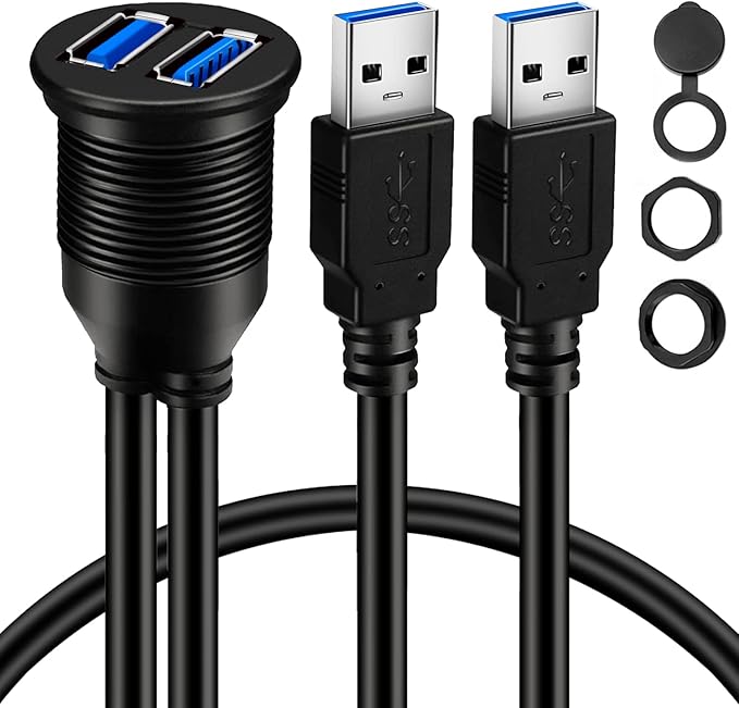 BATIGE 2 Ports Dual USB 3.0 Male to USB 3.0 Female AUX Flush Mount Car Mount Extension Cable for Car Truck Boat Motorcycle Dashboard Panel 1ft
