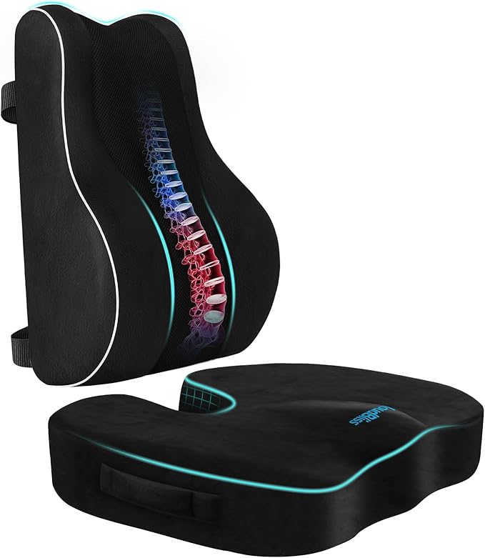 CloudBliss Ergonomic Lumbar Support Pillow Seat Cuhsion - Memory Foam for Lower Back Pain Relief, Adjustable Straps & Mesh Cover for Office, Gaming, Car Seat (Black)