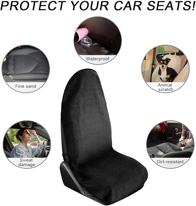 2PCS Car Towel Seat Cover, Waterproof Sweating Non-Slip Premium Soft Towel Carseat Protector, Universal Machine Washable Car Truck SUV Front Seat Cover for Gym Workout Beach Hiking (Black)