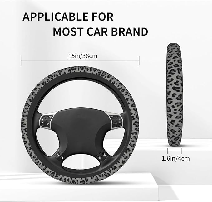 Black Leopard Print Steering Wheel Covern Cheetah Animal Print Steering Wheel Cover Anti-Slip Breathable Universal for Car Steering Wheel Cover for Men Women,with 2 Pieces Car Coasters