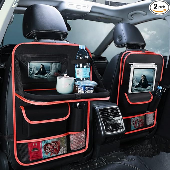 Tumecos 2 Pack Car Seat Back Organizer and Storage with Touch Screen Tablet Holder, Kick Mats, Back Seat Protector (black&red)