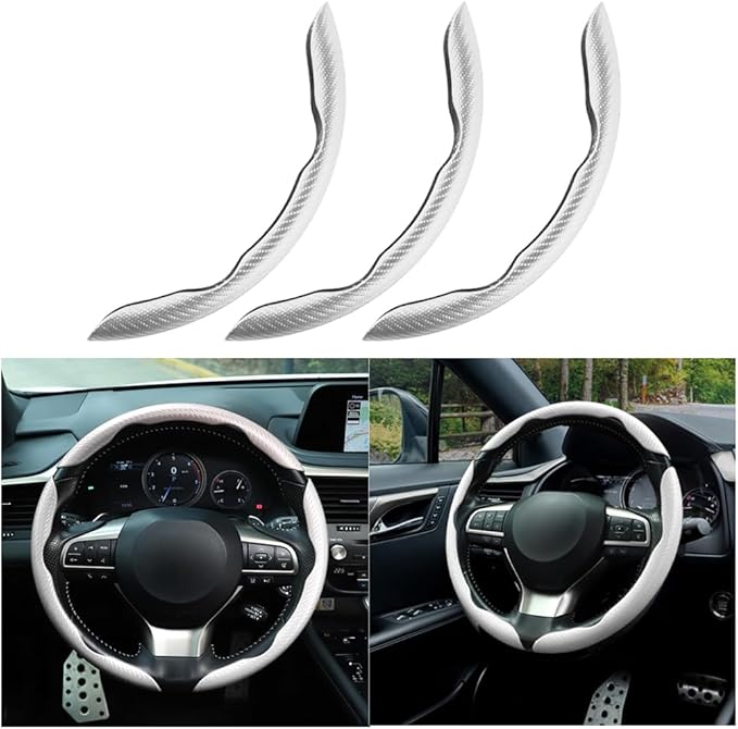 Mandark 3PCS Carbon Fiber Car Steering Wheel Cover, Anti-Skid Leather Vehicle Segmented Steer Wheel Protector, Auto Interior Protection Guard Accessories, Universal for Most Cars (White)