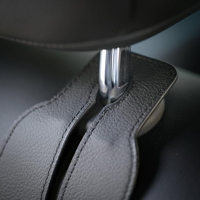Genuine Leather Car Seat Hooks for Headrest - Flexible Car Seat Back Storage Hook for Purses and Bags, Upgraded Car Purse Hook Holder Hanger Organizer for Head Rest (Black-1 Pack)