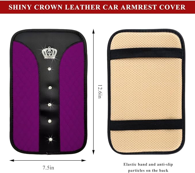 Bling Leather Car Center Console Cover, Anti-Slip Crown Armrest Seat Box Cushion Pad with Rhinestones, Waterproof Crystal Arm Rest Protector Interior Decor for Most Vehicles (Purple)