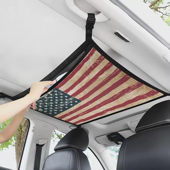 Car Roof Storage Bag American Flag Pattern Car Seat Storage Hanging Bag All Car Storage Organizers Car Travel Accessories Compatible with Most Cars