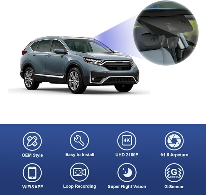 Fitcamx 4K Dash Cam Suitable for Honda CR-V 2017-2022 LX EX Touring EX-L Special Edition (Gen5), OEM Factory Look, UHD 2160P Video, Loop Recording, WiFi & APP, G-Sensor, Easy to Set, 64GB Card