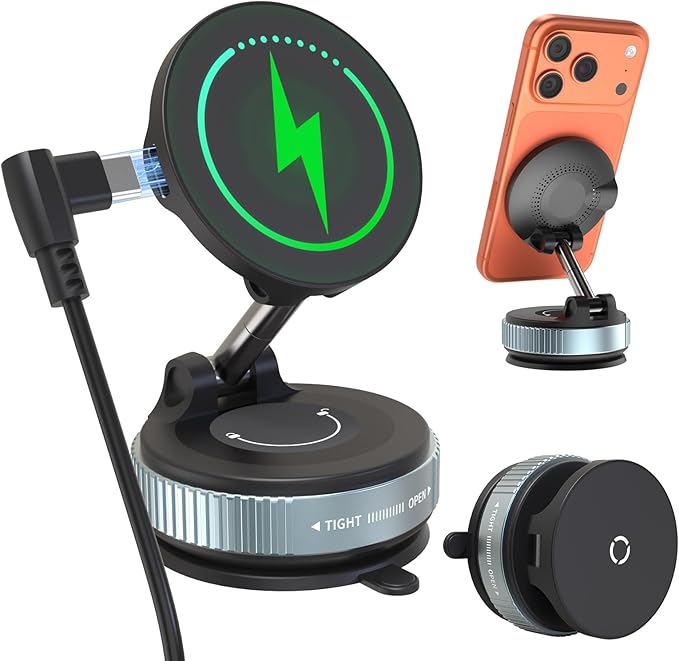 Wireless Car Charger - 15W Fast Wireless Charging Car Mount, 360° Adjustable Vacuum Magnetic Suction Phone Holders for Car, Magnetic Phone Holder for iPhone 17 16 15 14 13 12