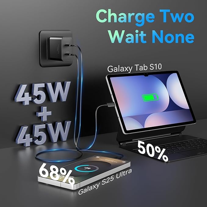 45W Super Fast Charger Type C for Samsung S26 S25 S24,3Pack 45W Dual Port USB C Fast Phone Charger Block & 6/10/10FT Type C Charging Cord for Samsung Galaxy S26 S25 Ultra/S23/S22,Android,iPhone 17