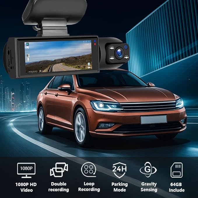 64GB Dash Cam Front and Rear for Cars with Night Vision, 1080P Dual Lens Dash Camera Inside and Outside, 24H Parking Monitor, Motion Detection, Loop Recording, Car Camera with Audio