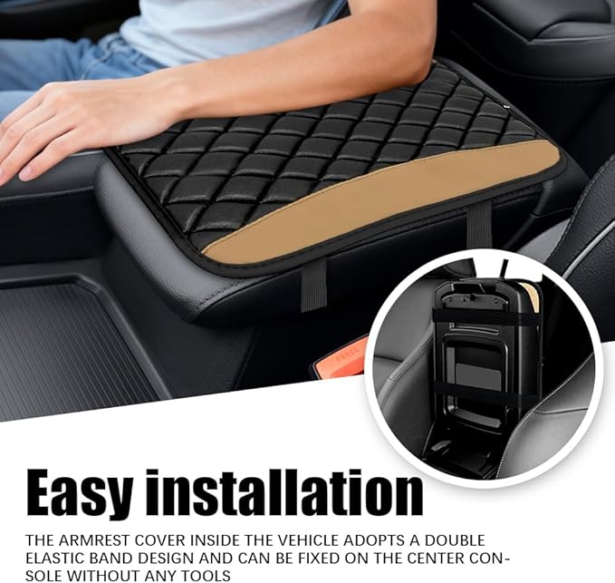 Car Center Console Cushion Pad, Arm Rest Covers, 12.6"×7.5" Leather Waterproof Auto Armrest Seat Box Protector, Auto Comfortable Center Console Cover Universal for Most Vehicles (Beige)