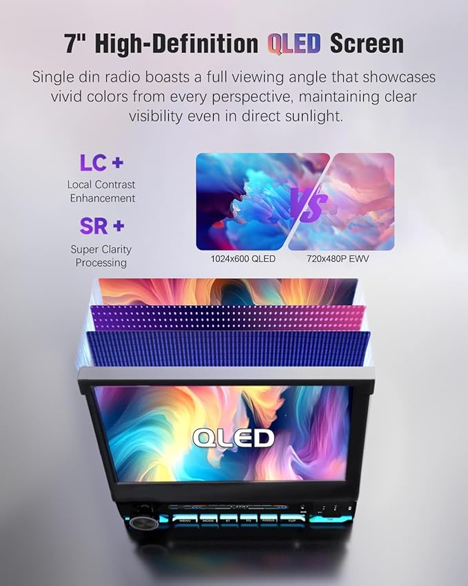 【SOOEMAKA】 Single Din Touchscreen Radio with Wireless CarPlay, 7 inch QLED Android Auto Screen for car,Motorized Flip Out Car Stereo Upgrade Fast Charging(QC/PD 3.0)/AM/FM/DSP/AHD (S7012)